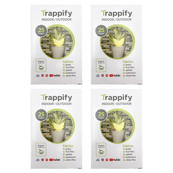 Four boxes of Trappify 4 Pack Sticky Butterfly Shape Gnat Traps for House Indoor—100 traps total—are arranged in a grid, each box showing a potted plant and listing pests these organic gardening sticky bug cards catch.